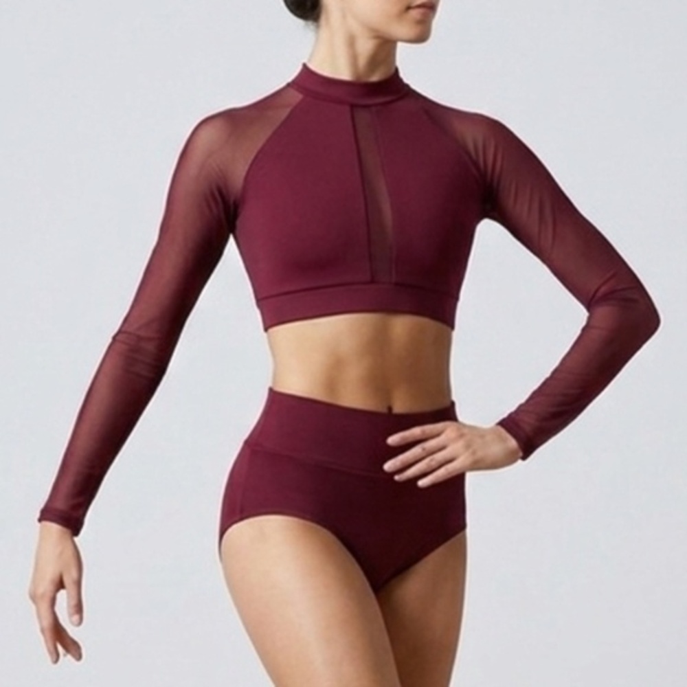 CM Baltogs Burgundy Mesh Long Sleeve Crop Top and High Waist Briefs Set